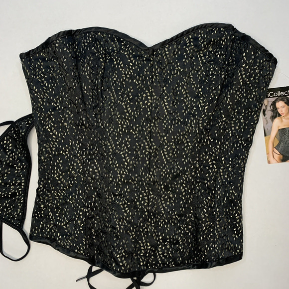 iCollection Boudior Lace Corset Thong Set Sz 36 Black Gold Brocade Pin Up Glam - Picture 2 of 16